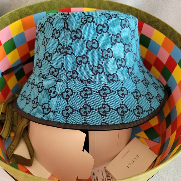 Gucci Bucket Hat Blue Canvas Small Size 56 - Picture 4 of 11
